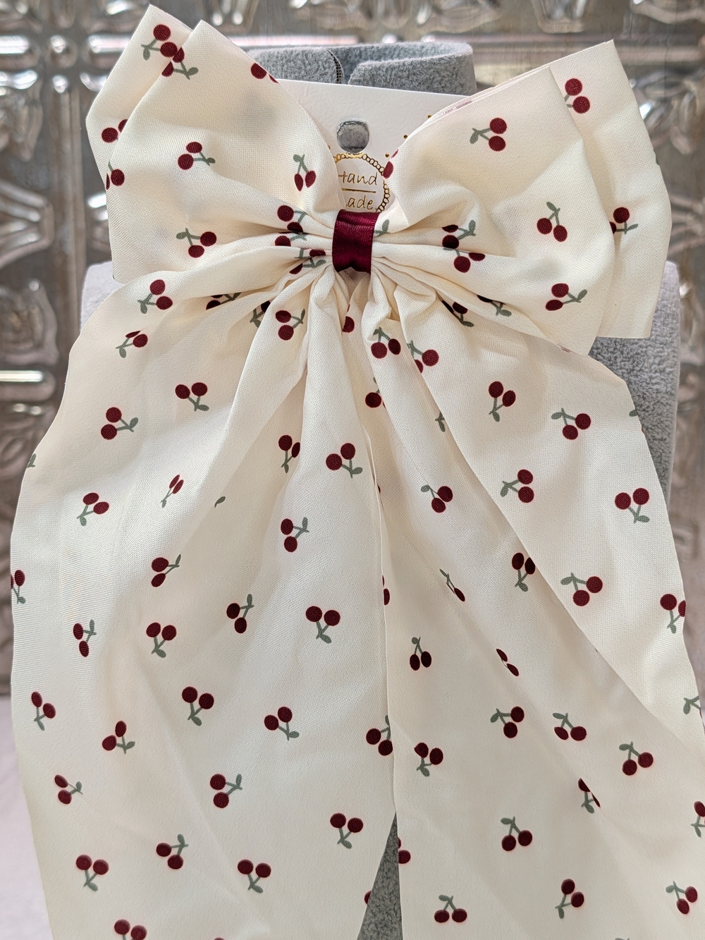 Large White Cherry Themed Long Tailed Hairbow